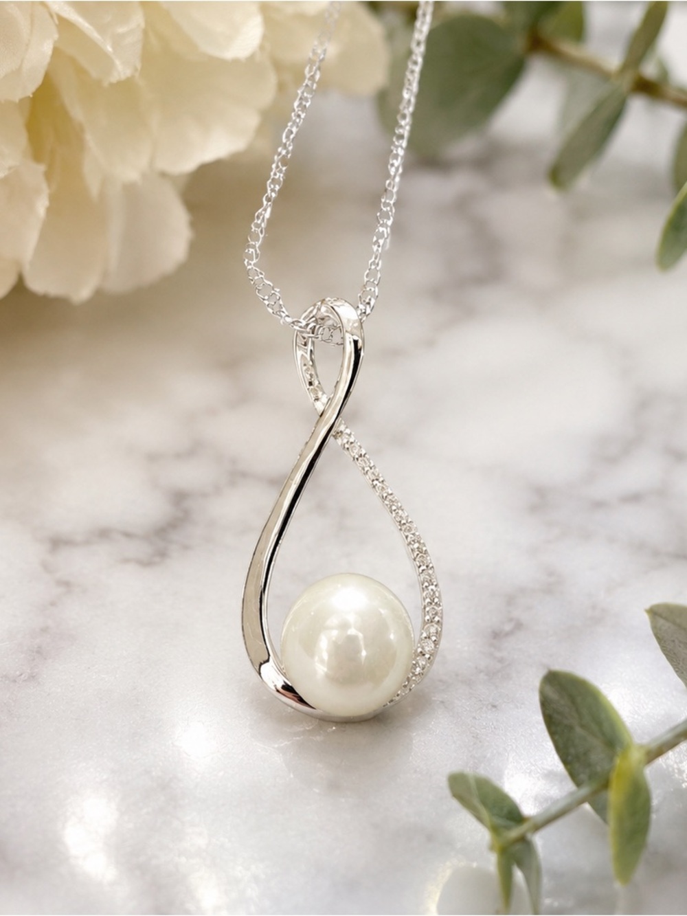 Sterling Silver Genuine Mined Diamond & Cultured Pearl Infinity Teardrop Pendant